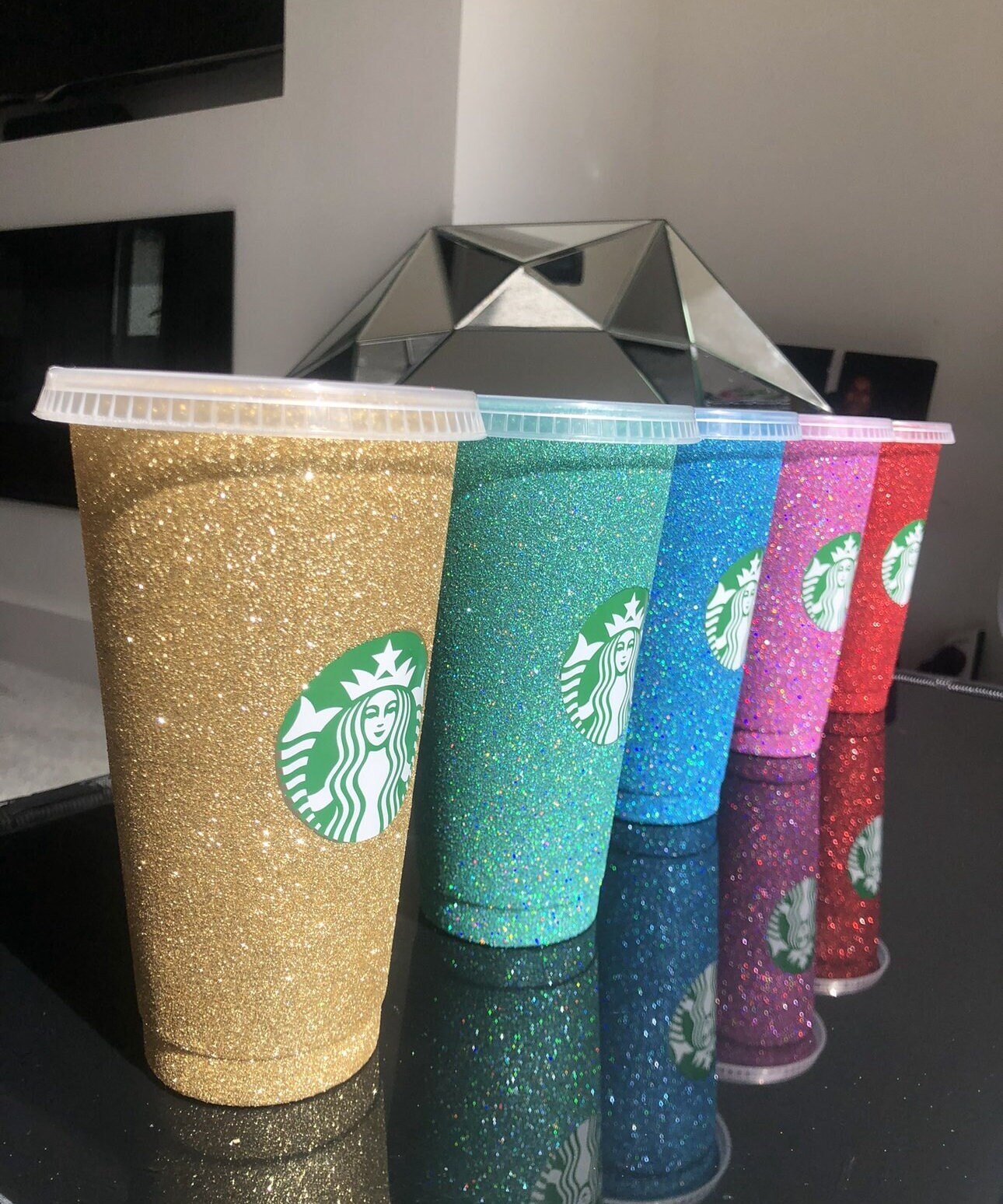 Non-Transferable Starbucks Glitter Tumbler Cup With Lid & Straw pink blue red gold