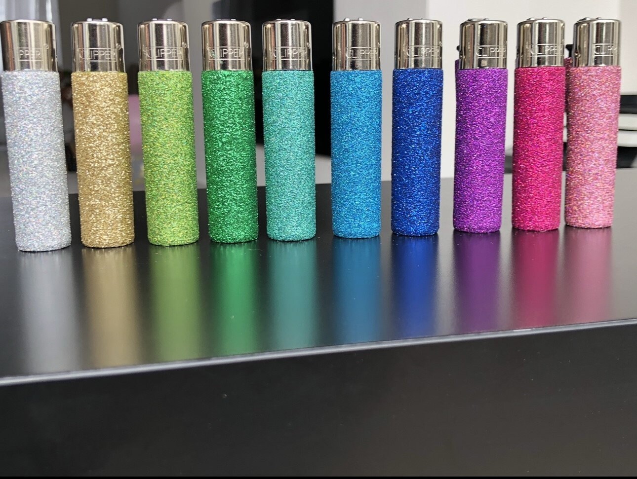 Refillable glitter Clipper lighter pink blue purple green gold silver black red